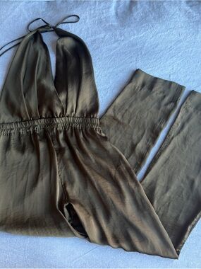 Olive Halter Satin Juan Carlos Obando V-Neck Jumpsuit